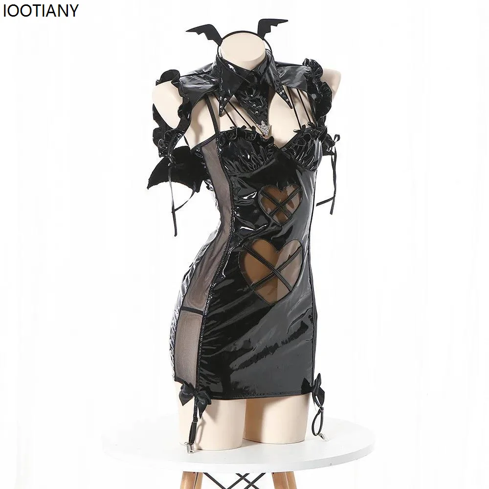 Черно-белый костюм для косплея с ангелом на Хэллоуин кожаное платье крыльями