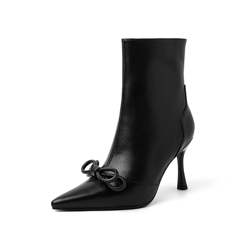 

Brand New Genuine Leather Women's Butterfly Knot Stiletto High Heels Ankle Boots Female Sexy Zipper Office Dress Booties Mujer