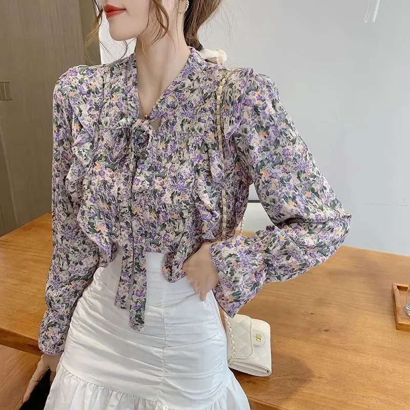 

Flower chiffon blouse female spring and summer long sleeve reduction foreign shirt loose printed design blouse female tops