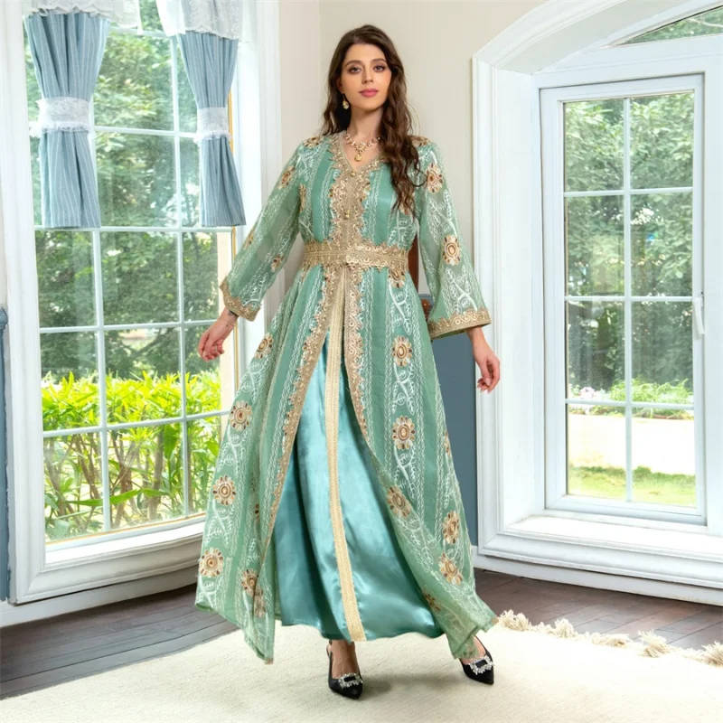 Gorgeous Party Evening Dresses for Women Corban Eid Al Adha New Moroccan Caftan Dubai Mesh Embroidery Lace Gold Tape Trim Abaya