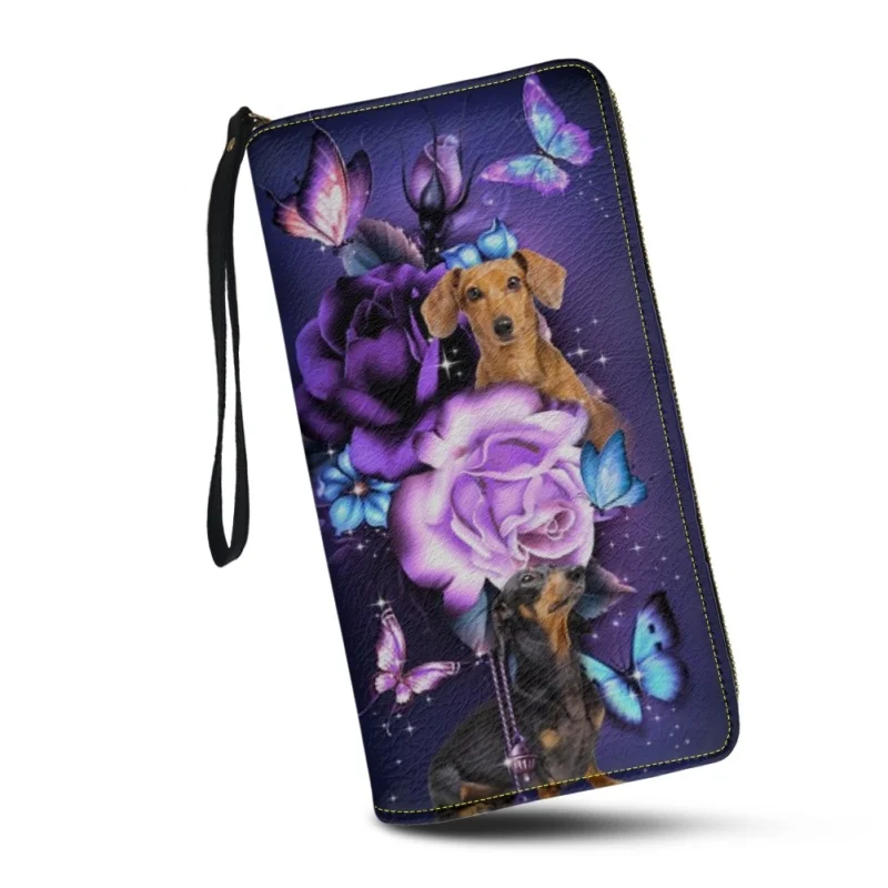Belidome Women Zipper Long Clutch Wallet Magic Purple Rose Dog Floral Wallets Wristlet Handbag for Credit Card, Cash, Coin, Bill
