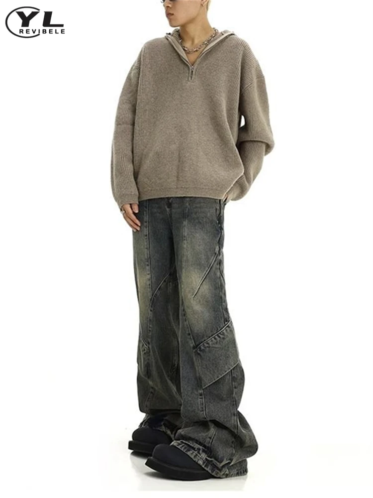 Джинсы мужские Асимметричные в стиле пэчворк винтажные прямые джинсовые брюки