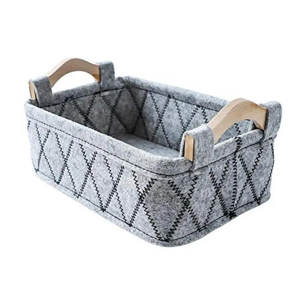 

Felt Home Storage Basket Sundries Books Magazines Organizer Box with Wood Handle