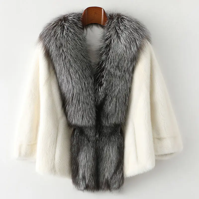 2022 New 100% Mink Fur Coat Women's Silver Fox Fur Collar Mink Fur Coat Bat Sleeve