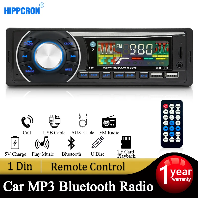 

Hippcron Car Radio Stereo Receiver 1 DIN FM Bluetooth MP3 Audio Player Cellphone Handfree Digital USB/TF With In Dash Aux Input