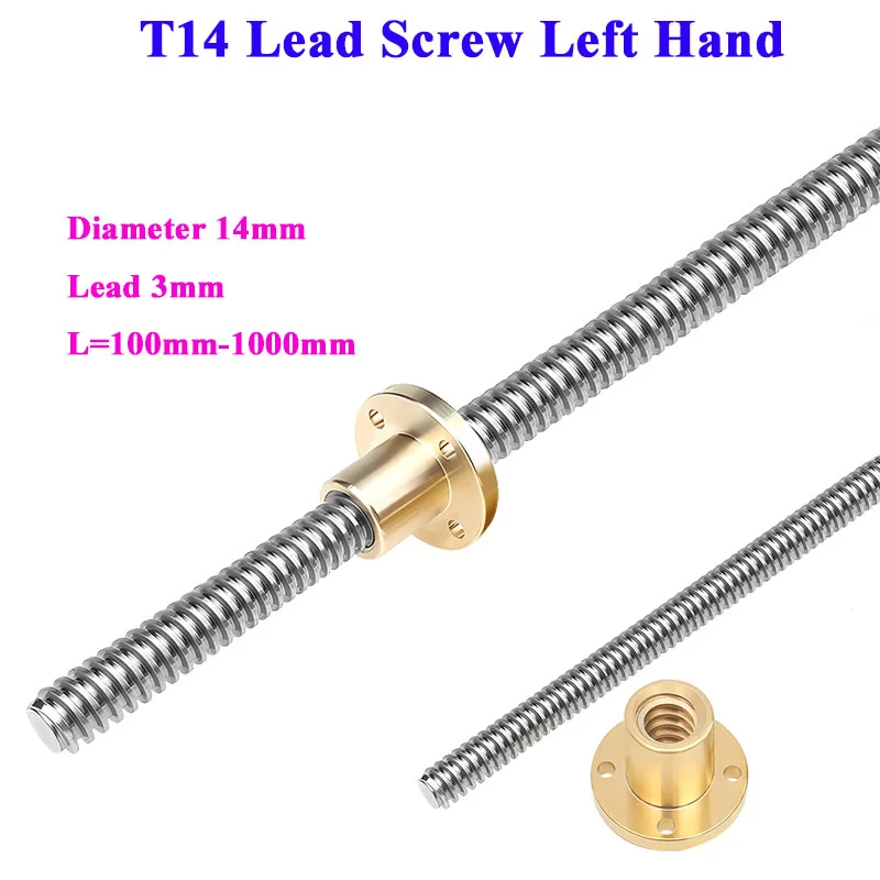 

Ходовой винт T14, диаметр левой резьбы, шаг 14 мм, свинец 3 мм, трапециевидный стержень 3 мм с латунной гайкой для деталей 3D с ЧПУ, нержавеющая сталь