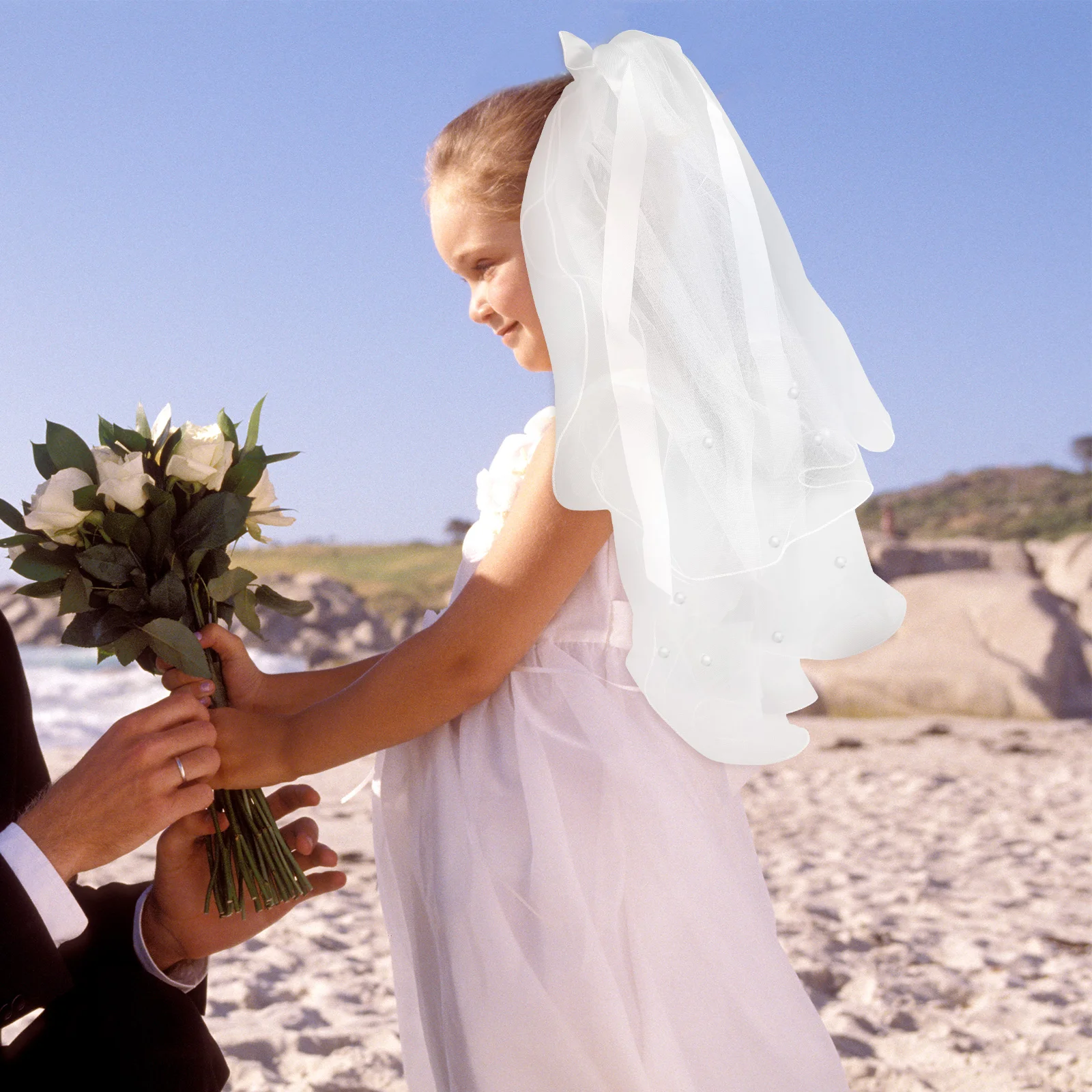 Блестящая двухслойная детская вуаль аксессуары для волос цветок с девочкой