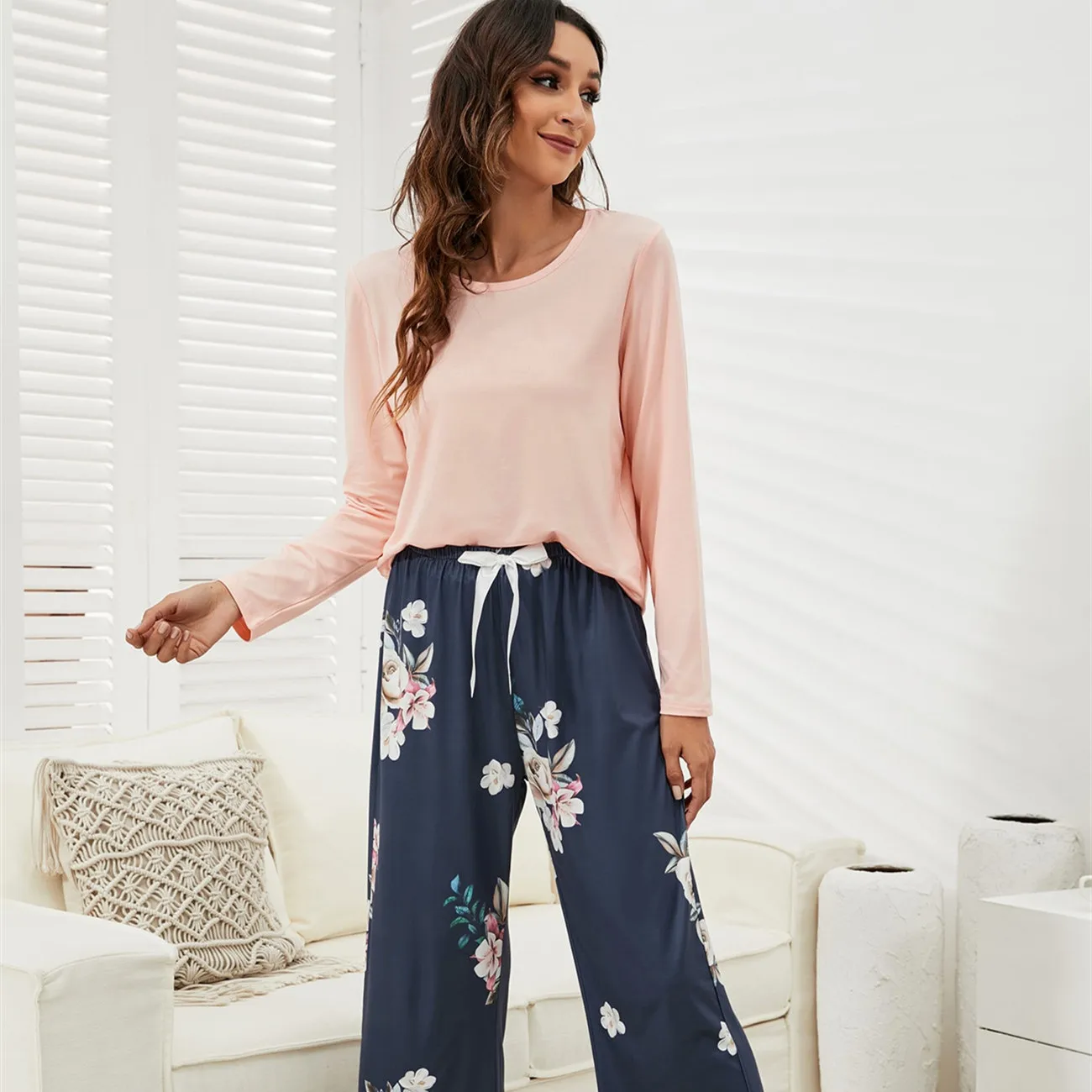 

Spring Women Pajama Set Floral Print Contrast Color Plain Sleep Tops with Long Pant Casual Women's Long Sleeve Home Women's Suit
