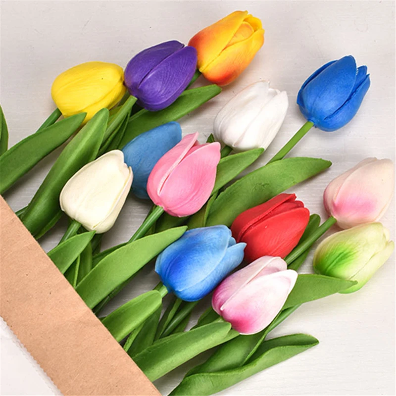 

Colorful Tulip Artificial Flower Plastic Green Plant Bouquet For Home Wedding Decoration Realistic Shape