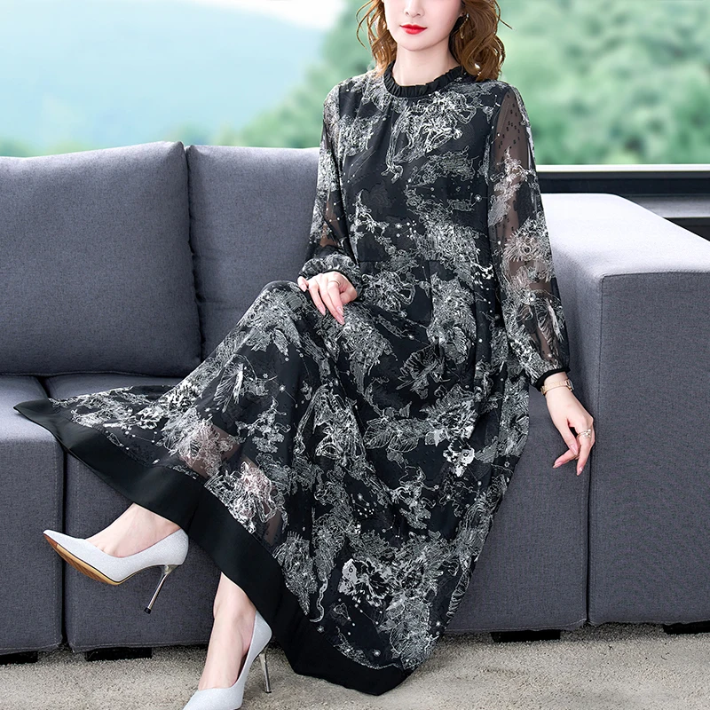 

Женское жаккардовое платье миди, черное винтажное шифоновое платье в стиле Хепберн с цветочным принтом, элегантное платье с длинным рукаво...