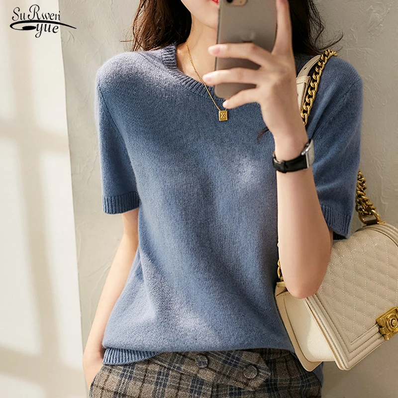 

Элегантные Топы с коротким рукавом, повседневная женская рубашка, летний вязаный базовый свитер карамельных цветов, весенний облегающий пу...