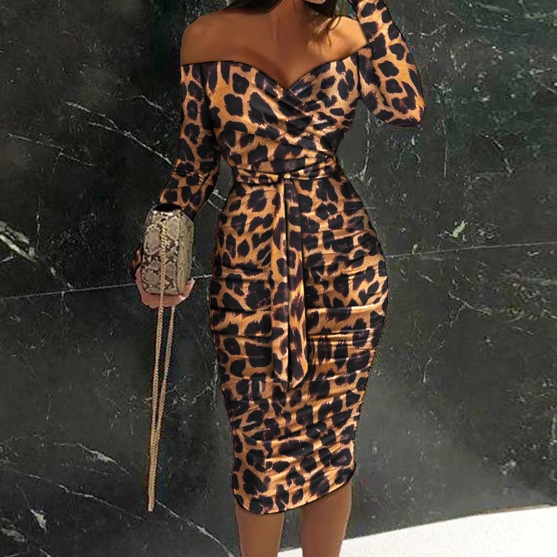 

Leopard Print Dress Women Fat Bodycon Slash Neck Long Sleeve Side Split Elegant Evening Party Dinner Vestidos Bandage Dresses