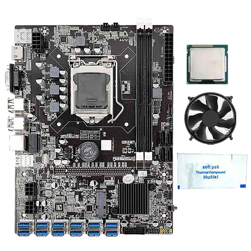 

B75 BTC Mining Motherboard With G350/G630 CPU+Thermal Grease+Cooling Fan 12 USB3.0 To PCIE1X Slot LGA1155 DDR3 RAM SATA3
