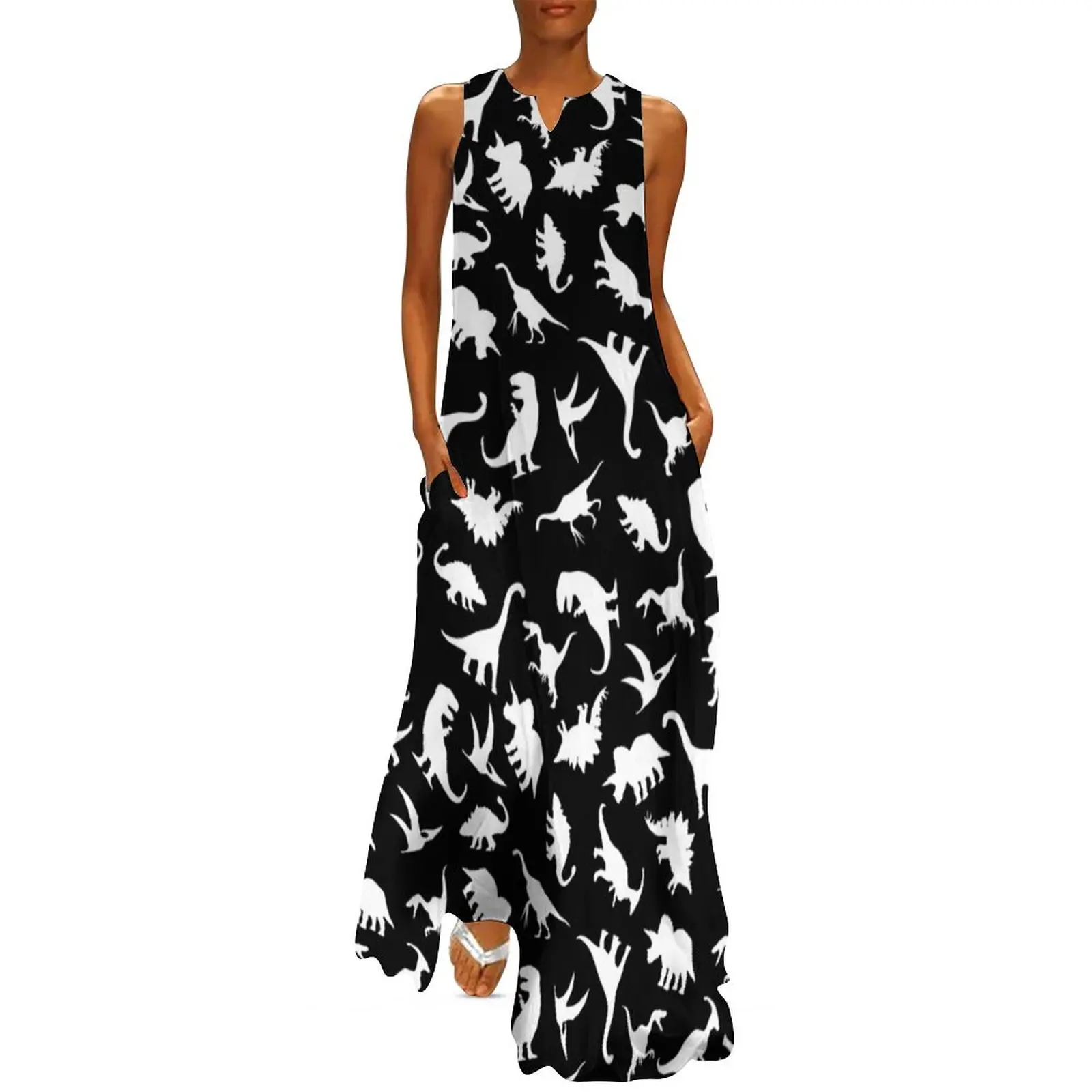 

Платье-макси в стиле бохо женское, длинное пляжное платье с забавными животными, с принтом белых динозавров, уличная одежда в винтажном стил...