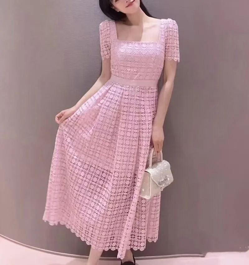 

Women Square Collar Short Sleeve Pink Lace Embroidery Waist Midi Dress