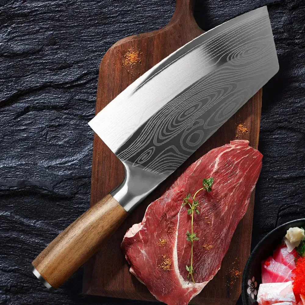 

Stainless Steel Imitation Damascus Sanding Laser Wooden Handle Chef Knife Cleaver 8inch Chinese Butcher Chef Knife Cleaver Knife