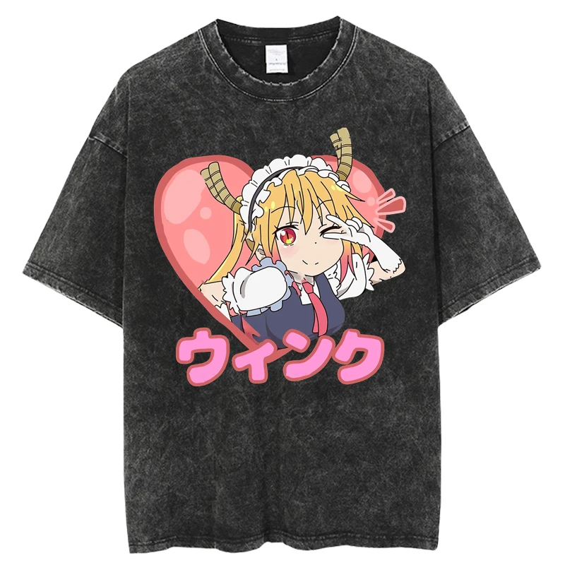 

Miss Kobayashi's Dragon Maid Japanese Anime Washed T Shirt Harajuku Man T Shirts Tees Shirt Tops Design Black Short-Sleeve