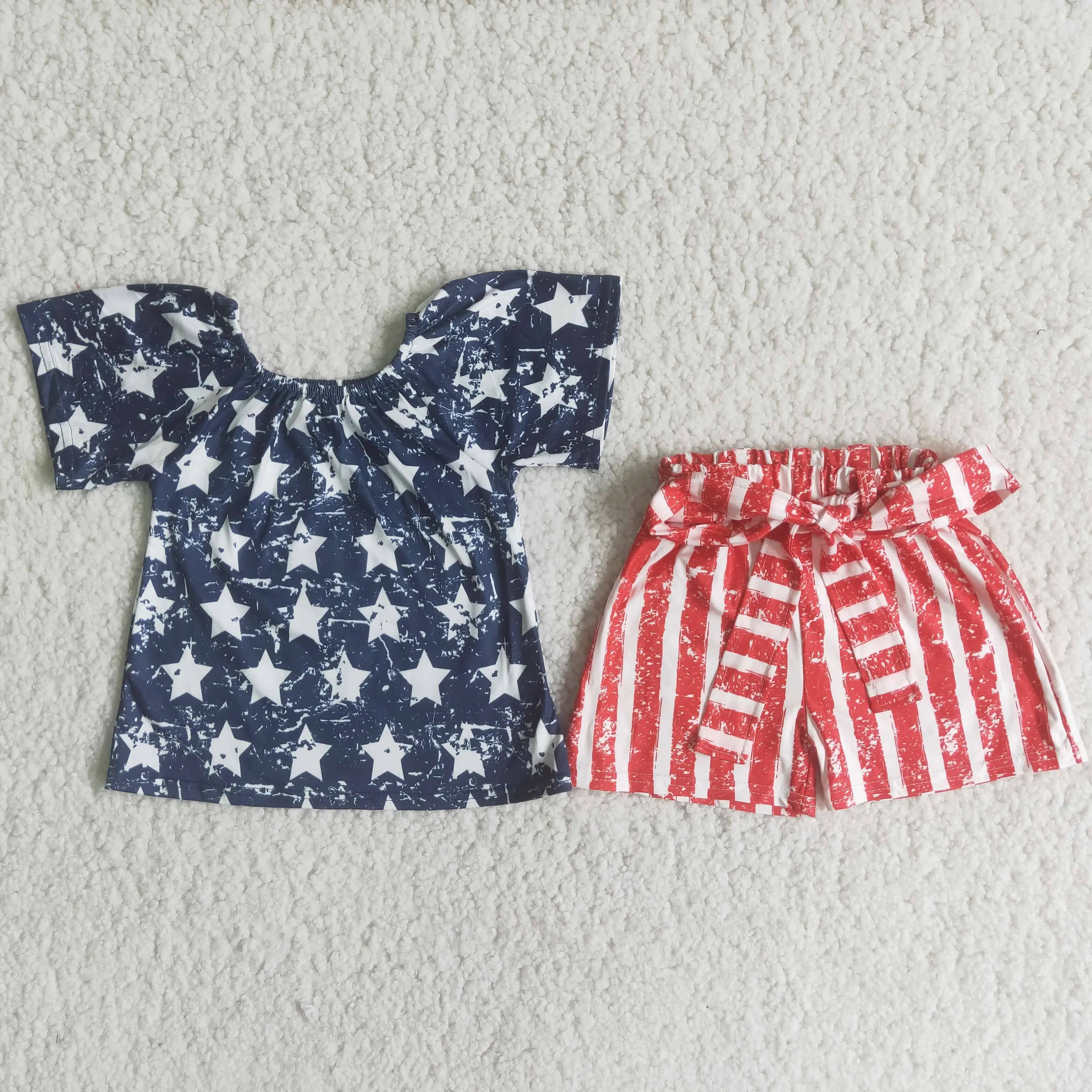 

Hot sale 4th july kids clothing baby girl one shoulder tops strappy striped shorts fashion girls 2 pc sets