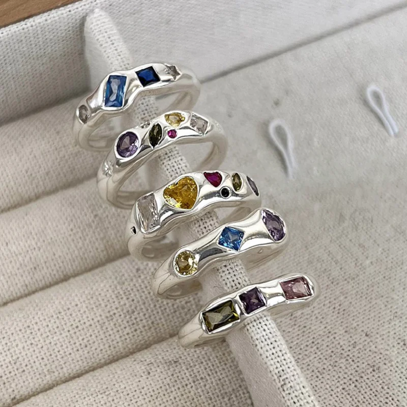 

Colorful Zircon Irregular Ring Retro Personality Opal Geometric Open Y2K Rings Aesthetic Finger Jewelry Girls Wedding Party Gift
