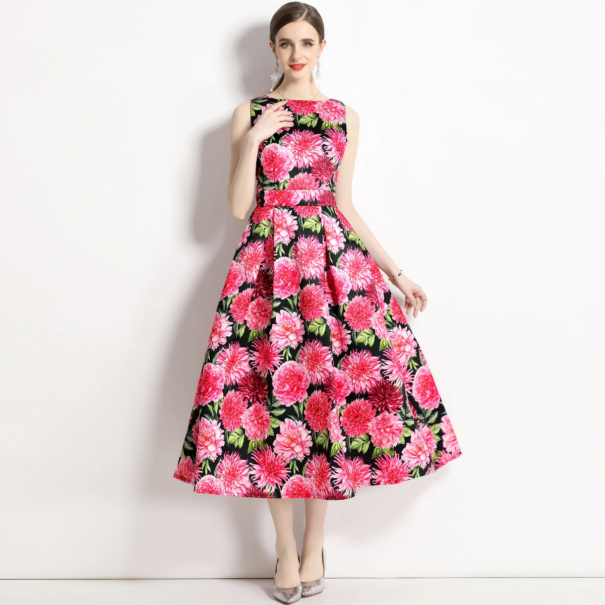 Женское миди-платье с цветочным принтом, элегантное облегающее ТРАПЕЦИЕВИДНОЕ ПЛАТЬЕ-майка без рукавов с круглым вырезом и высокой талией, лето 2023
