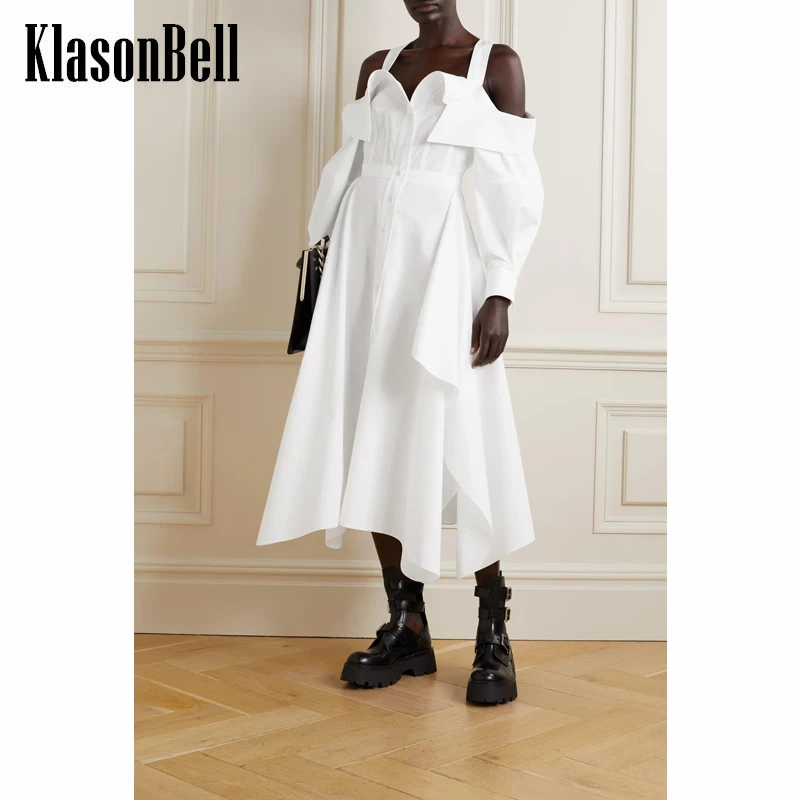 8.16 KlasonBell Temperament White Suspender Off Shoulder Irregular Hem Split Slim Shirt Dress Women