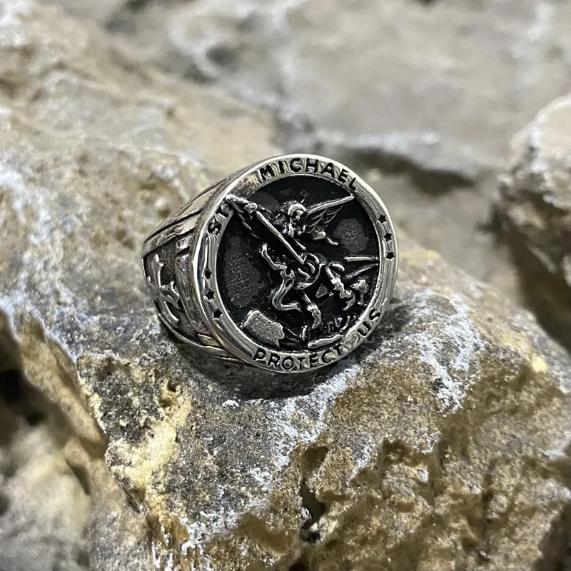 

Saint Michael Angel Goddess Stainless Steel Ring Vintage Fashion Rings For Men Party Gothic Gold Color Jewelry Unisex Wholesale