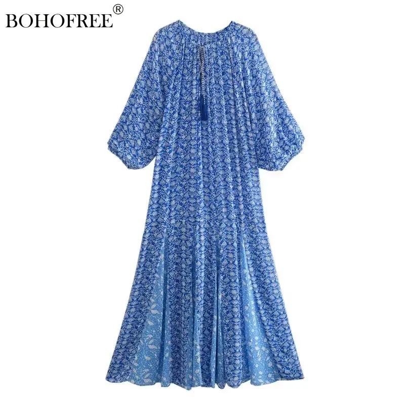 

Винтажные шикарные синие платья макси с цветочным принтом, хиппи, Повседневная Женская туника с кисточками, Vestidos, стиль бохо, стандартное платье, богемное платье
