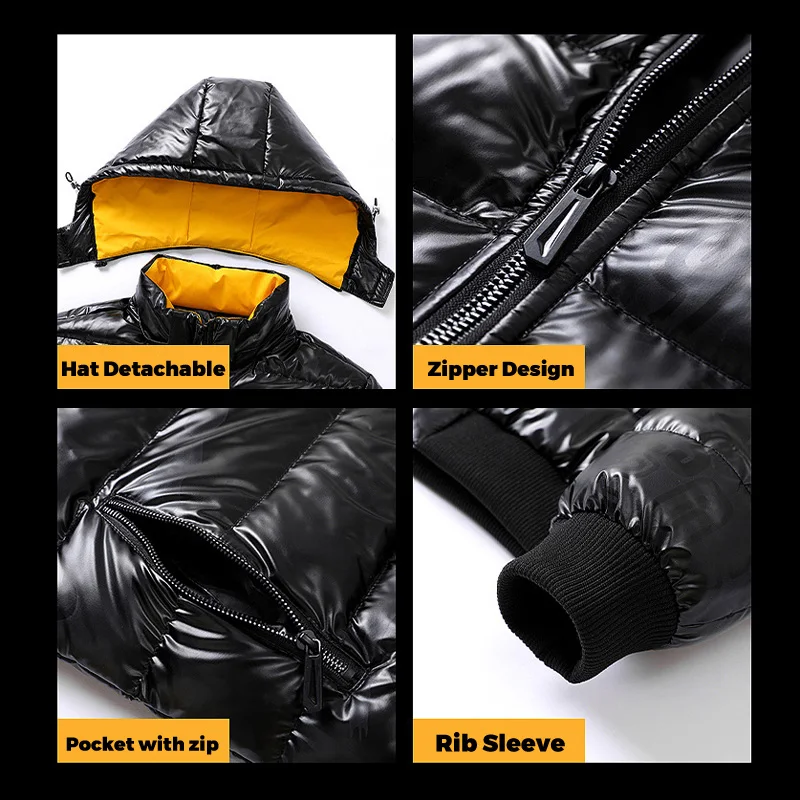 Didiboer Winter Men Hooded Reflective Jackets Men Thicken Parkas Hat Detachable Casual Warm Cotton Parka Jacket PU Leather Coats