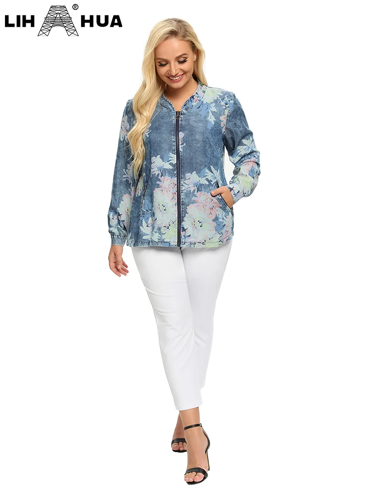 LIH HUA Women's Plus Size Denim Jacket Autumn Chic Elegant Jacket For Chubby Women Cotton Woven Jacket