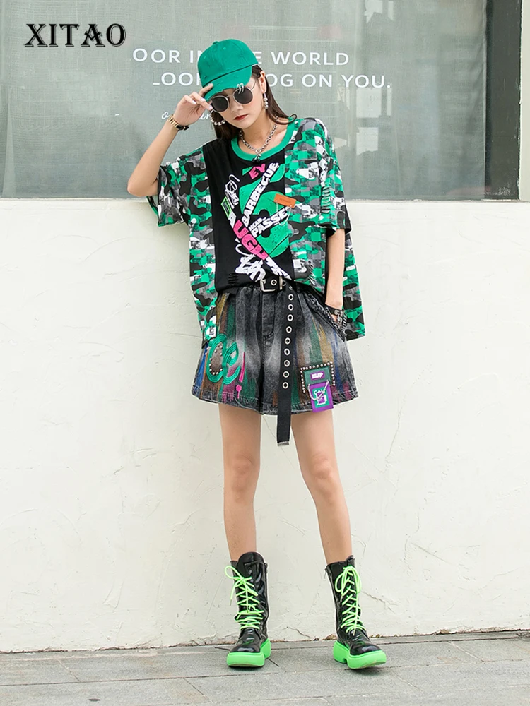 

XITAO Fashion Camouflage Print T-Shirts Personality Street Trendy Contrast Color All-match New Women Top 2022 Summer WMD6855