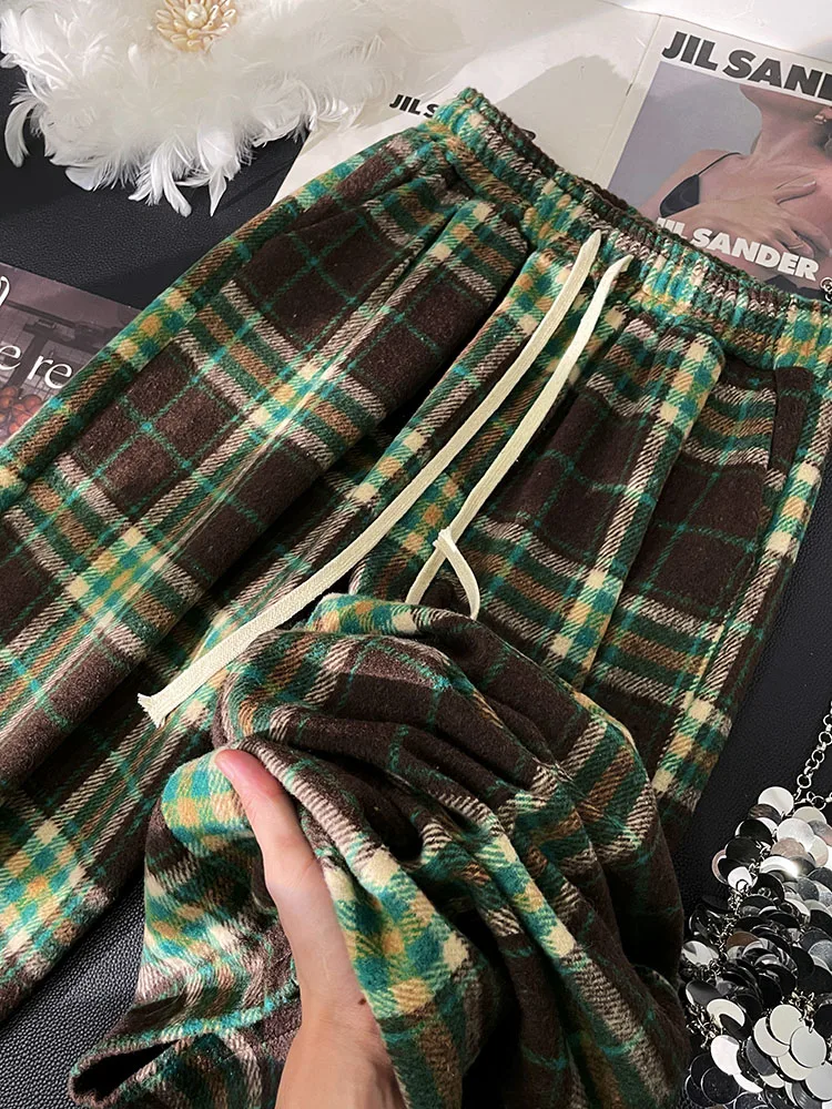 Женские широкие брюки в зеленую клетку размера плюс осень-зима 2023 новые