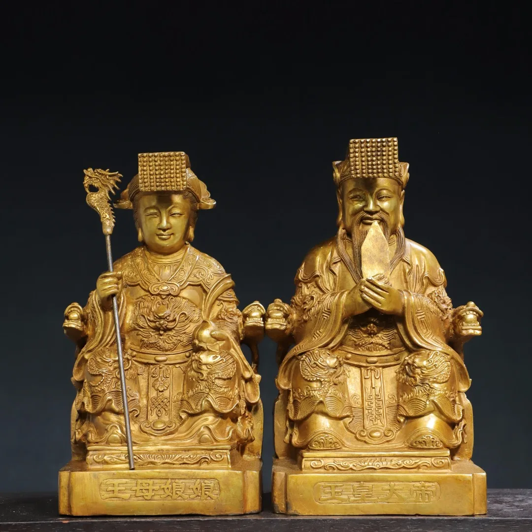 

11"Tibetan Temple Collection Old Bronze Gilded Cinnabar Jade Emperor Queen Mother of the West Sitting statue Worship Hall