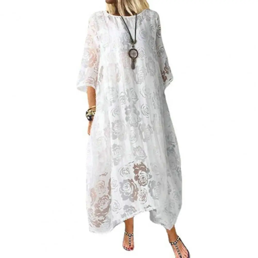 

Женское кружевное платье до щиколотки, элегантное белое длинное платье с рукавом три четверти и цветочным принтом, лето 2022