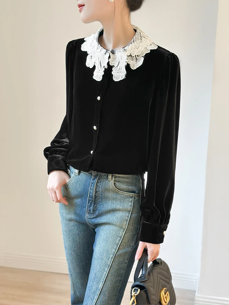 Женские шелковые бархатные рубашки с жемчужной пряжкой высококачественные