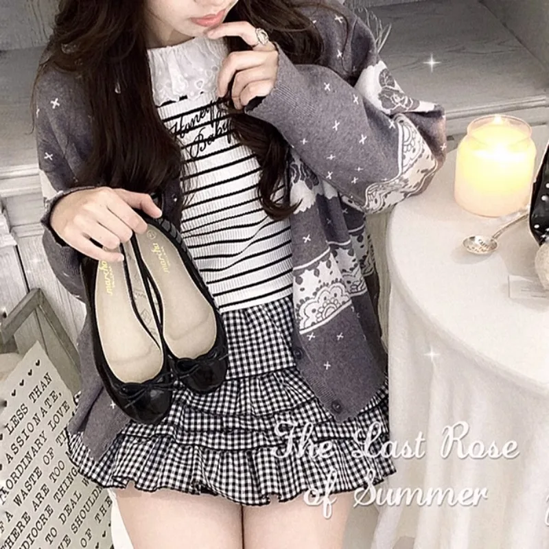 

Милые комплекты из 3 предметов, женские вязаные кардиганы, топы, футболка и клетчатая юбка, облегающий комплект для милой девушки, кавайная одежда в стиле "Лолита"