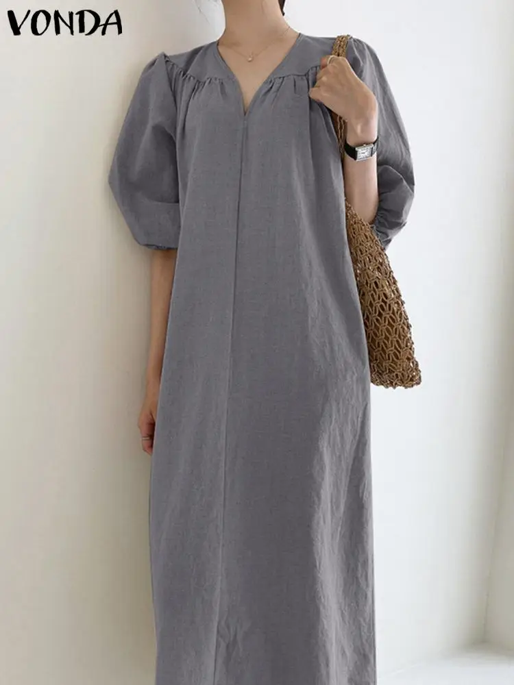 

VONDA Women Party Dress 2022 Fashion Vintage Casual Solid Lantern Sleeve Summer Maxi Robe Femme Elegant V Neck Long Vestidos
