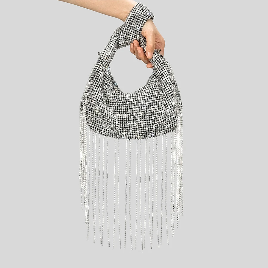 

Fashion Diamonds Tassel Hobos Evening Bag Designer Knotted Rhinestones Women Handbag Lxuury Crystal Mesh Party Bag Glitter Purse