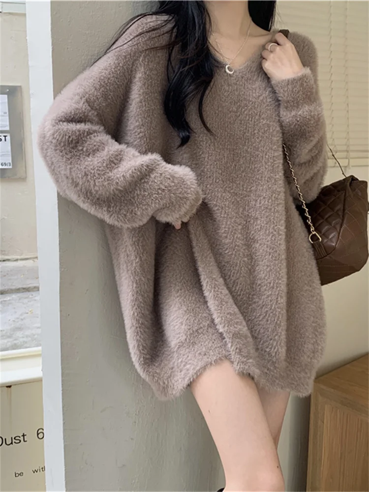 

Hsa Soft Korean Mohair Cashmere Sweaters Women 2022 New Winter Loose Solid Female Pullovers Warm Basic Long Knitwear Jumper