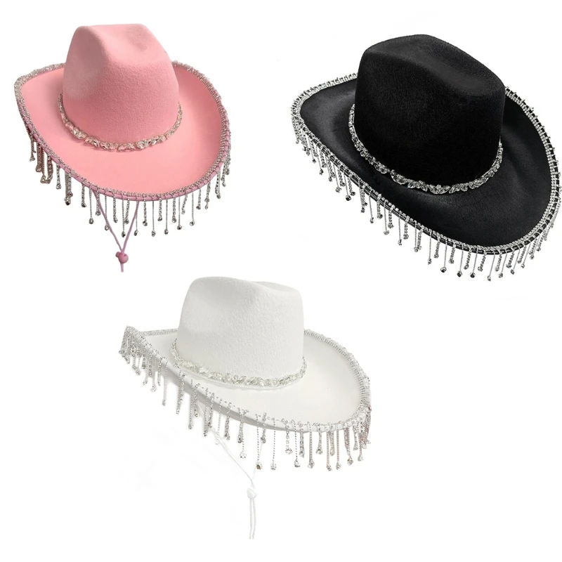 Sparkly Rhinestones Tassels Cowgirl Hat Wide Brim Hat for Bachelorette Supplies