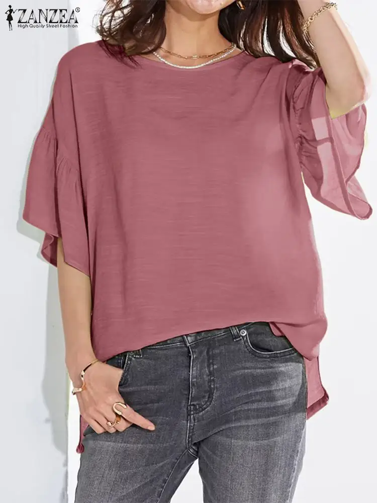 

2023 ZANZEA Summer Blouse Fashion Women Solid Loose Shirt Casual O Neck Half Sleeve Work Tops Tunic Female Party Blusas Oversize