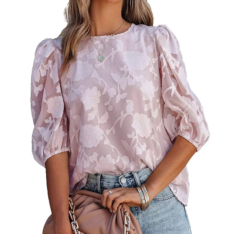 

Casual Summer Chiffon Women Blouses Tops Fashion O Neck Half Sleeve Elegant Office Lady Blouse Shirts Clothing 2023 Holiday Tee