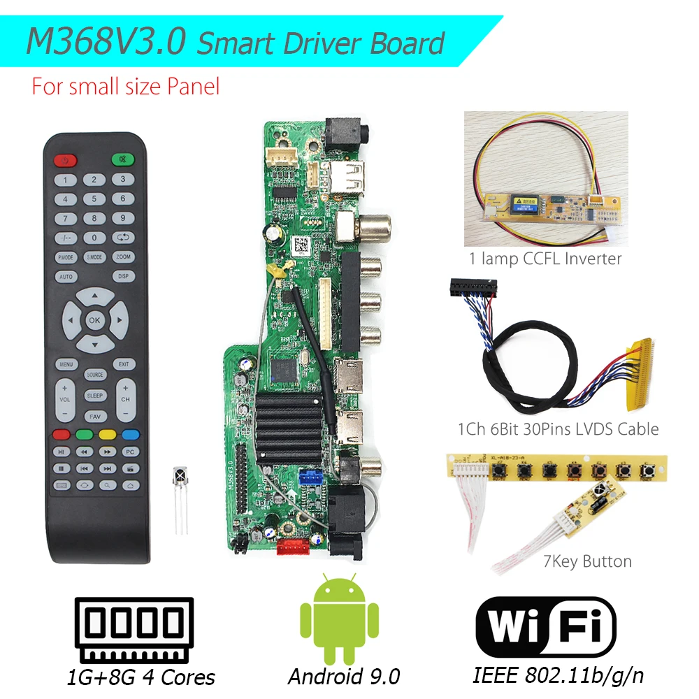 

Android 9.0 1G+8G 4 Cores M368V3.0 Intelligent Smart Wireless WI-FI TV LCD LED Driver Board Universal Controller Kit+lvds+lamp