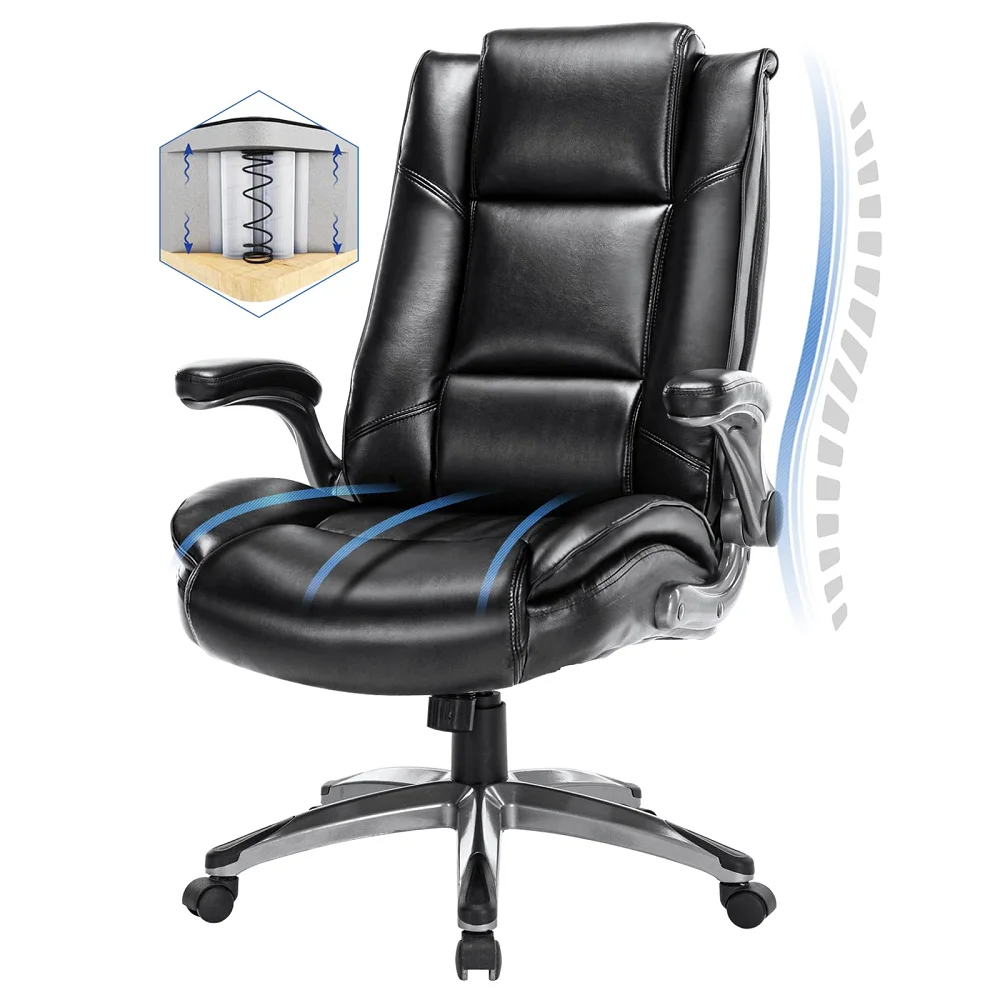 

Executive Office Chair Computer Armchai Leather with Flip-up Arms Adjustable Tilt Tension Swivel Rolling Padded Back Ergonomic