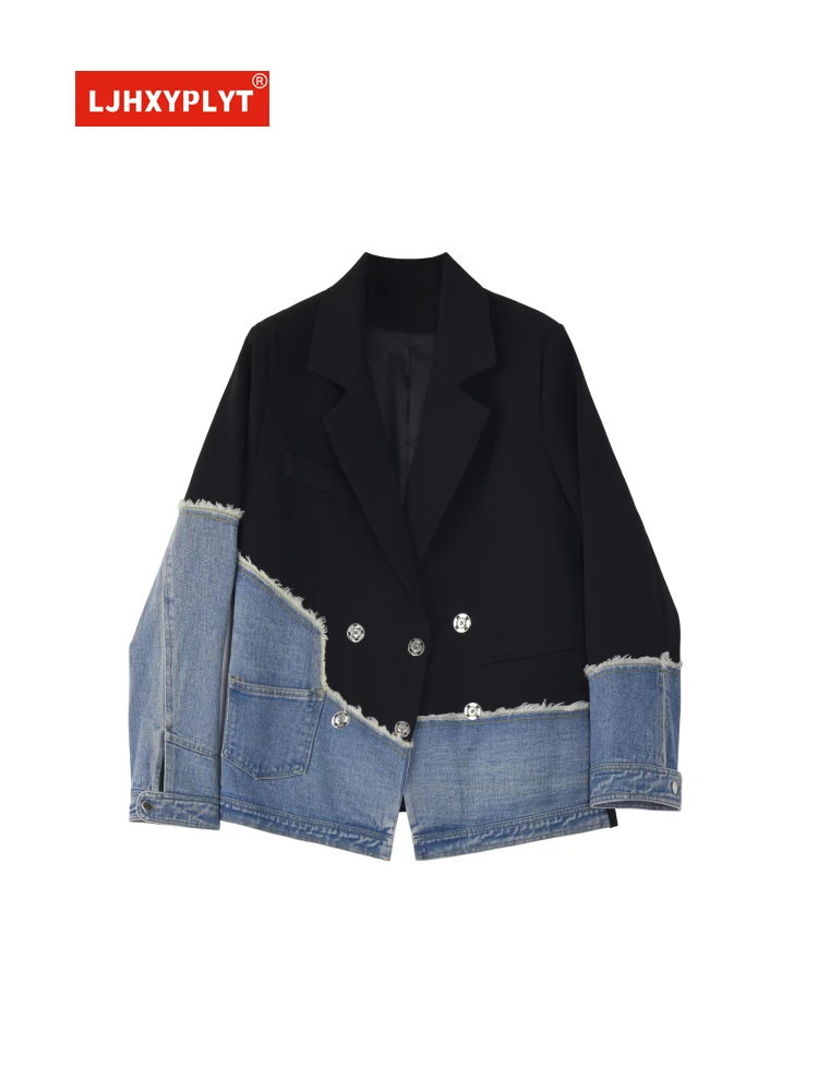 

Black Suit Stitching Denim Jacket Women's Spring Autumn New British Style Irregular Design Long Sleeve Coat Female