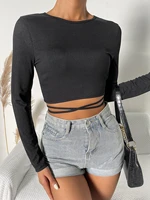 casual plain round neck long sleeve crop pullovers slim fit high stretch crisscross tie back rib knit tee