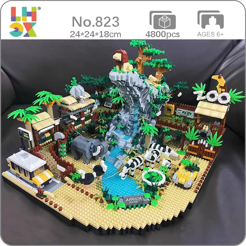 

LHCX 823 World Architecture Africa Desert Zoo Animal Park Lion Elephant Zebra Car Mini Diamond Blocks Bricks Building Toy No Box