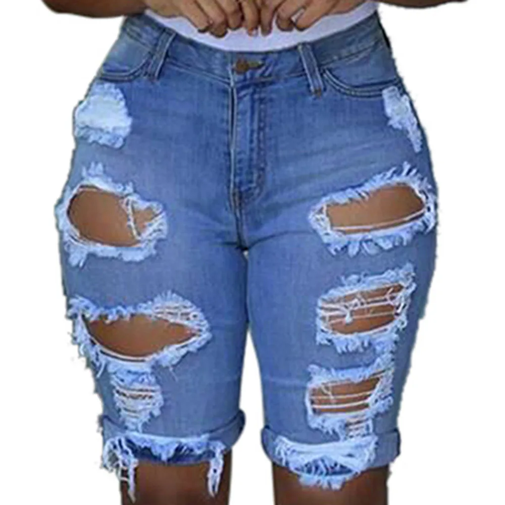 

Women Elastic Destroyed Hole Jeans Fashion Summer Denim Shorts Pants Short for Women Ripped Femme Pantalones Cortos Ropa Mujer