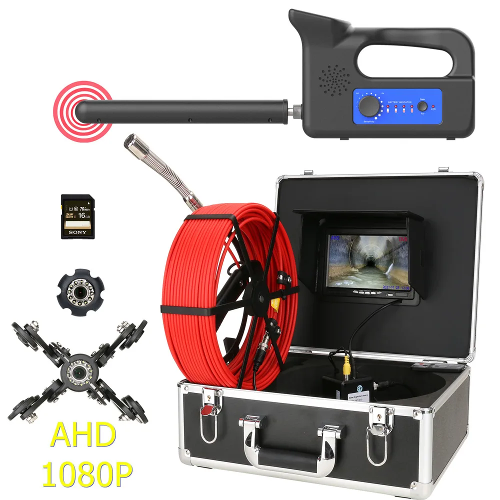 

512HZ Pipe Locator and DVR 16GB SD Card Pipe Inspection Camera 7Inch 1080P Screen Sewer Pipeline Camera IP68 23MM Camera