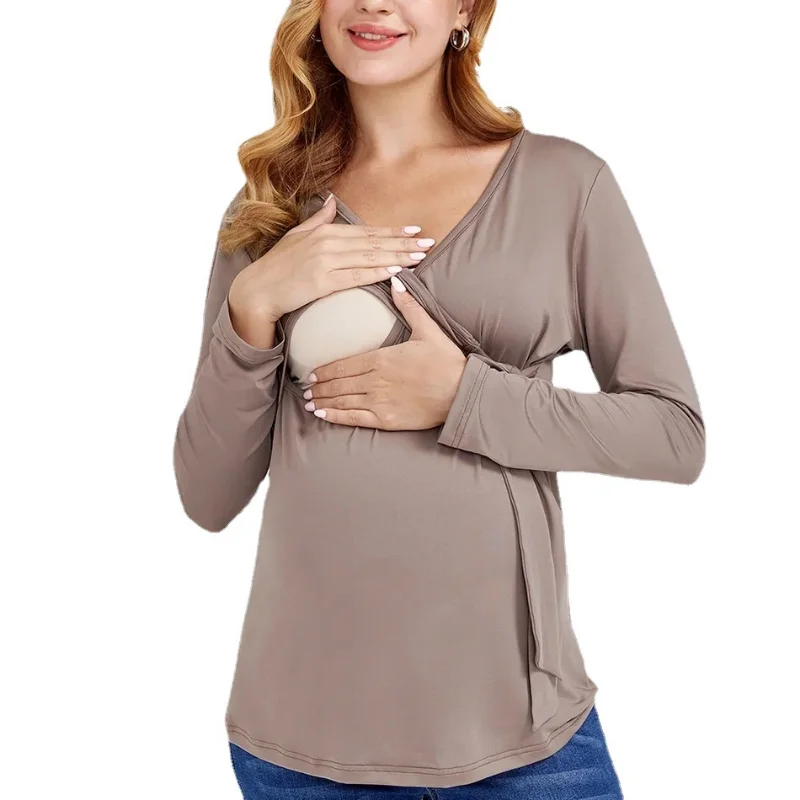 

YUQIKL Womens Maternity Clothes Breastfeeding Clothing Short Sleeve Pregnant Clothes Pleated Side Open Pregnancy T-Shirt Top