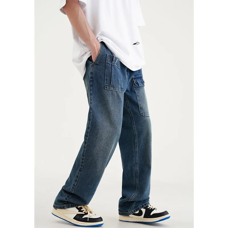 Streetwear Men Vintage Baggy Multiple Pockets Cargo Pants Versatile Temperament Straight Cylinder Jeans 2022 Winter New Female